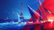 Sailer in action on the water over blue, white and red background. Paris 2024. Sport illustration.