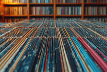 A Collection Of Vintage Vinyl Records Neatly Arranged On A Shelf, Capturing The Nostalgia Of Classic Music And Timeless Melodies. Concept Of Music Appreciation. Generative Ai.