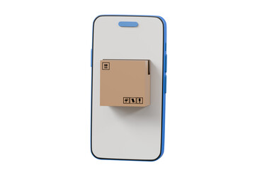 Poster - 3D Online tracking delivery via mobile phone. Delivered order in cardboard box, Smartphone with parcel box or delivery box, logistic and factory concept, Cartoon creative icon isolated. 3D Rendering