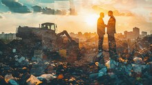 Silhouettes Of People On The Background Of A Landfill, Cities And Man-made Disasters. Double Exposure Style. Impact Of Human Activity On The Environment. Consequences Of Unchecked Development