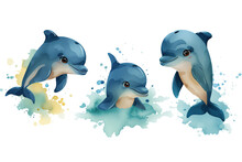 Watercolor Children Illustration Of Three Dolphins In Different Poses, Transparent Background