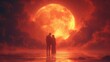 Para stoi na tle wielkiego jasnego księżyca w romantycznej scenerii chmur