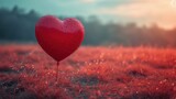 Fototapeta  - Czerwony balon w kształcie serca leży na polu.