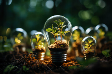 Poster - light bulbs sprouting from a tree instead of leaves, symbolizing ideas growing naturally. concept of