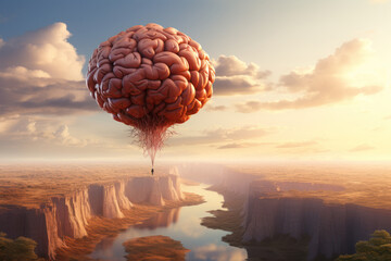 Poster - A brain-shaped balloon floating above a landscape, implying lofty and imaginative thinking. Concept of high creativity. Generative Ai.