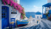 A Serene Santorini Street, White Buildings With Blue Shutters Adorned With Pink Flowers, Overlooking Deep Blue Waters And A Bright Sky