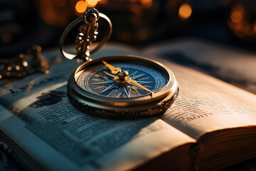 Poster - A compass needle pointing towards an open book, indicating the direction of knowledge and discovery. Concept of guided learning. Generative Ai.