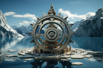 Poster - an iceberg with its submerged part made of gears and cogs, depicting the unseen depth of thought. co