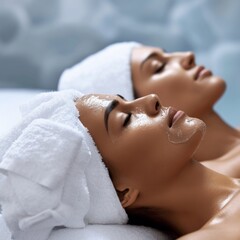 Wall Mural - Beautiful Middle Aged Women's Getting Face Lifting treatment In Luxury Spa Salon, Masseur Making Double Chin Treatment Procedure To Relaxed Mature Female Lying With Eyes Closed, Closeup Portrait