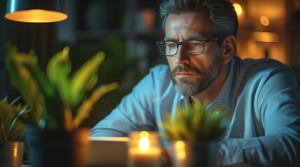 Poster - Man Sitting at Table With Laptop Computer