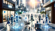 © Ryan - Urbane Kreuzung mit holographischen Menschen und interaktiver Vernetzung.