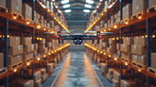 Drone Are Already Flying, Transporting Cardboard Boxes To The Bottom Of A Warehouse, Technology, Smart Device Concept