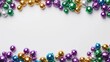 Mardi gras beads colorful frame on white background.