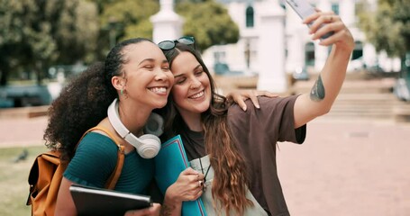 Poster - University, friends and women for selfie happy on campus for learning, education and studying at school. College, academy and students take profile picture for social media, online post and memory