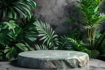 Wall Mural - 3D Podium stand with tropical leaves background. 