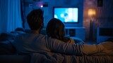 Fototapeta  - Couple watching movie on sofa at night, back view.