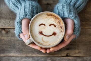 Wall Mural - Woman hands holding coffee cup with happy face drawn on coffee. 