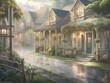 The gentle caress of rain transforms a beautiful street into a canvas of tranquil beauty, framed by an ethereal backdrop of flowers