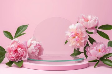 Wall Mural - Pink podium platform with flower stand for beauty product presentation background.