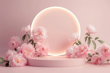 Wall Mural - Pink podium platform with flower stand for beauty product presentation background.