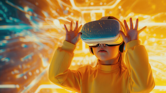A child controls virtual reality glasses in a room illuminated by yellow lamps. White mask and yellow cloth