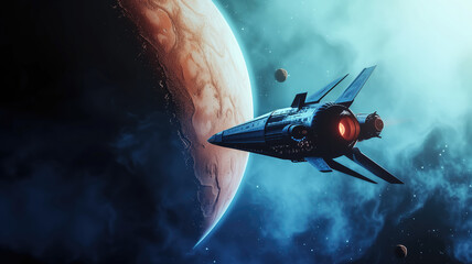 Wall Mural - space ship flying across infinite universe in dark blue colors towards huge planet mars. universe fa