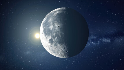 Wall Mural - the bright side of the moon, illuminated by the sun's rays, viewed from space, surrounded by stars a