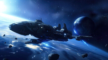 Wall Mural - dark blue universe and galaxy ship flying across space dust near the surface of the huge planet. uni
