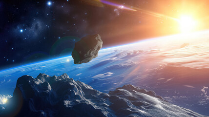 Wall Mural - asteroid in space moves toward the planet, galaxy nebula with sun rays, planet and starry cosmos. un