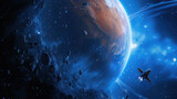 Fototapeta Kosmos - Space ship flying across infinite universe in dark blue colors near huge planet Mars. Universe fantasy astronomy space background wallpaper. High quality illustration