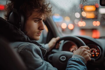 Canvas Print - A person driving a car on a busy street, with a human face filled with determination and concentration, while a woman looks on from the sidewalk, their clothing and the wheel of the car visible in th