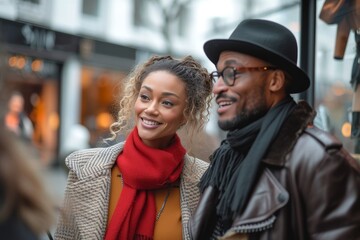 Amidst the bustling city street, a fashionable man and woman radiate joy as they flaunt their stylish fedora and scarf, adding a touch of sophistication to their outfits with chic glasses and a sun h