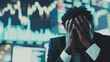 Stressed black businessman in panic with head in hands at digital stock market financial crisis. Bear Market Panicking Investor watching crashing stocks plunging slumping bearish recession 