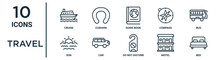 Travel Outline Icon Set Such As Thin Line Cruise, Guide Book, Bus, Car, Motel, Bed, Sun Icons For Report, Presentation, Diagram, Web Design