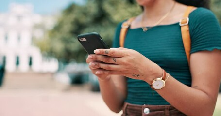 Poster - Hands, phone and person typing outdoor, student on campus with communication and browsing. Chat, internet search and closeup with contact online for social media, college email or text on mobile app