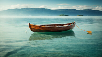 Poster - 
Tranquil Solitude: A Lone Small Wooden Rowing Boat Moored in Calm Waters