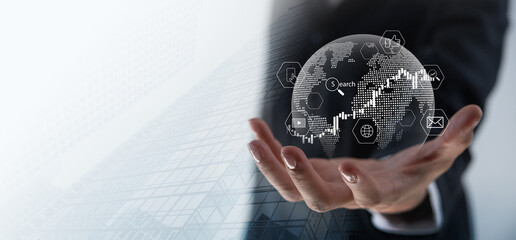 Poster - digital online marketing, businessman holding global internet network with sale data graph growth on