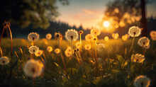 Dandelion field against the sun light. beautiful back light. Close up of dandelions, abstract blurred background