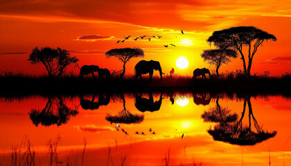 Against a vibrant orange sunset on the African savannah, the silhouettes of elephants and trees are beautifully reflected on the water's surface, with birds flying overhead