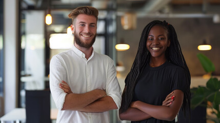 Wall Mural - blue-eyed smiling young european white man and African American woman, colleagues against the background of a modern IT company office, business people, manager, professional, working,  entrepreneur