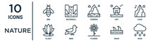 Nature Outline Icon Set Such As Thin Line Bee, Iceberg, Cave, Bird, Wave, Rain, Plant Icons For Report, Presentation, Diagram, Web Design