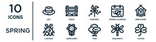 Spring Outline Icon Set Such As Thin Line Hat, Pinwheel, Bird House, Sunflower, Dragonfly, Clover, Ladybug Icons For Report, Presentation, Diagram, Web Design