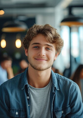 Wall Mural - young handsome man with blue eyes on the background of a modern IT office, worker, programmer, professional, designer, guy, boy, portrait, smile, space for text, coworking, open space, people, person