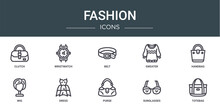 Set Of 10 Outline Web Fashion Icons Such As Clutch, Wristwatch, Belt, Sweater, Handbag, Wig, Dress Vector Icons For Report, Presentation, Diagram, Web Design, Mobile App