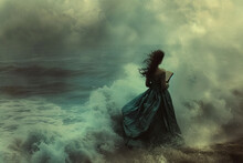 Woman In A Dress Reading A Book In A Stormy Sea