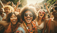 Beautiful Hippies Friends Men And Women Fellows In Fancy Sunglasses Happy Smiling Laughing Portraits While They Making Selfies On Beach Bar Disco Party. Freedom And People Relations Concept.