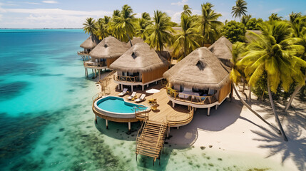 Wall Mural - Luxury bungalows with private pools resort on the white snd beach ocean tranquil bay. Tropic countries traveling concept and happy retirement concept. Exotic countries paradise vacation drone photo.