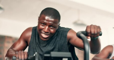 Poster - Exercise, cardio and black man on machine in gym for intense workout, training and fitness for healthy body. Sports, sweating and people on cycling equipment for performance, endurance and wellness