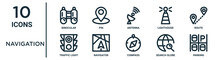 Navigation Outline Icon Set Such As Thin Line Binocular, Antenna, Route, Navigator, Search Globe, Parking, Traffic Light Icons For Report, Presentation, Diagram, Web Design