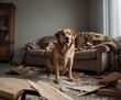 Golden Retriever, room disaster, unapologetic, practical pet ownership.